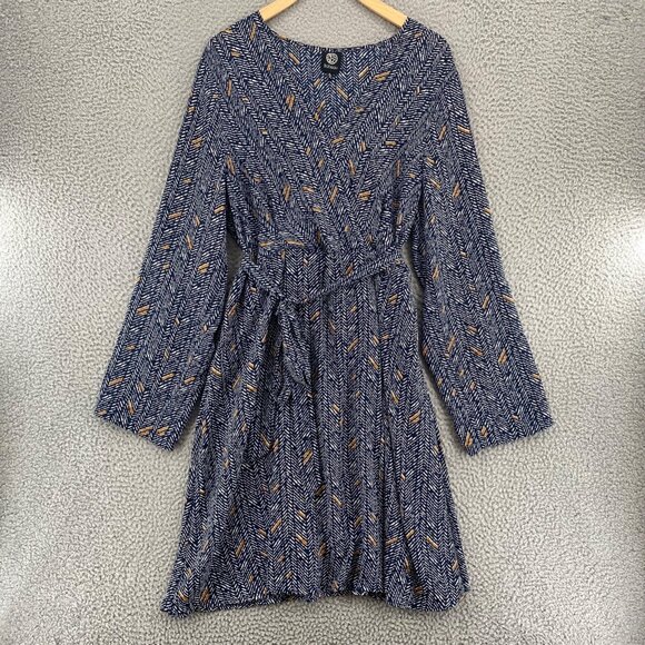 Bobeau Dress Womens Extra Large Blue Herringbone Fit & Flare Tie Waist Chiffon - Picture 1 of 12